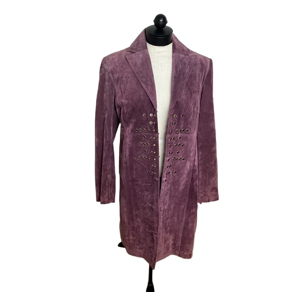 BANDOLINO Plum Purple Suede Leather Metal Eyelets Notched Lapel Duster Jacket L - Picture 1 of 11